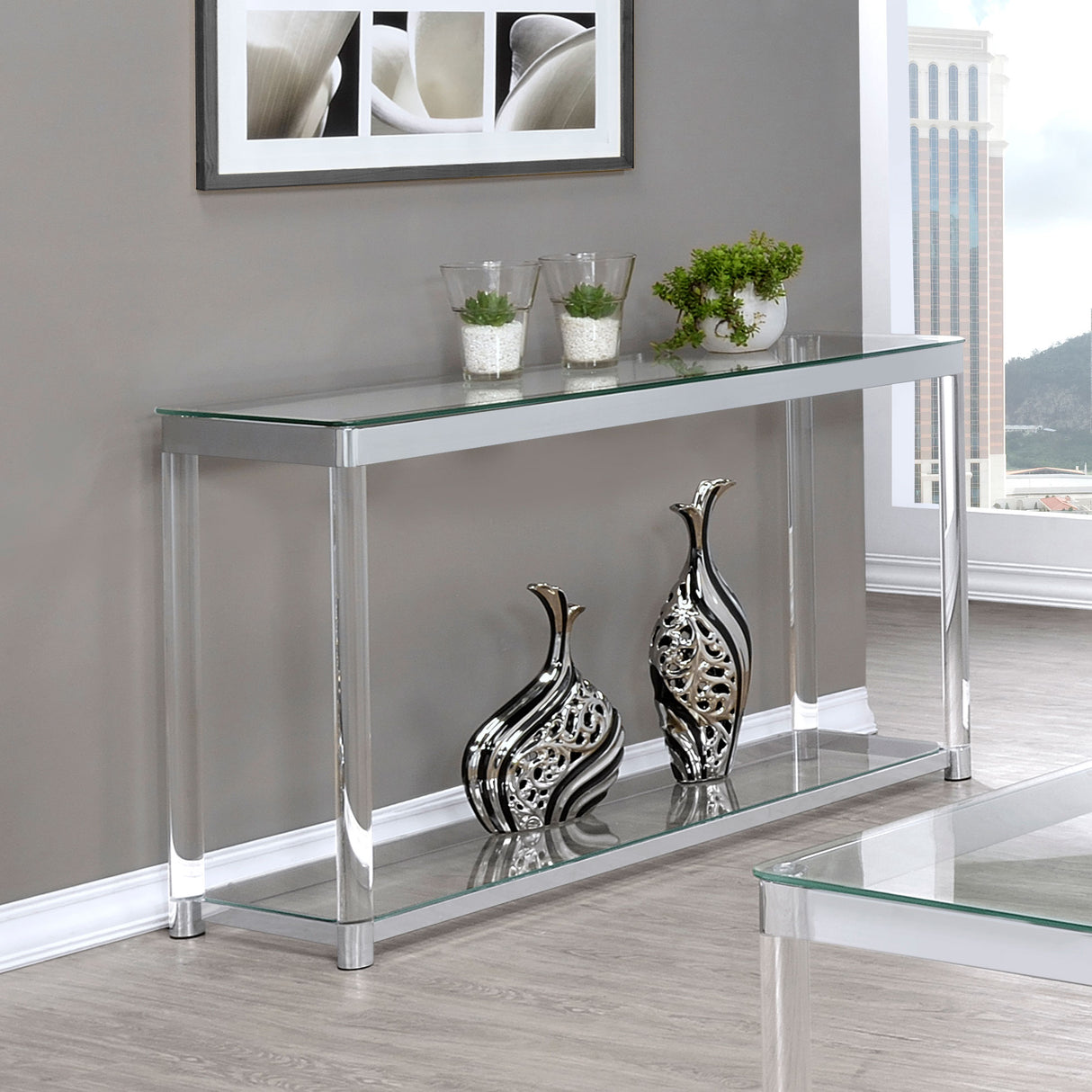 Anne Sofa Table with Lower Shelf Chrome and Clear | Coaster | Home Elegance USA