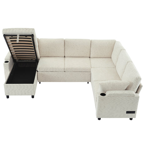 Convertible U-Shaped Sofa Bed with Storage, Cup Holders and Charging Ports, Beige Chenille, 109.9' - sold by Home Elegance USA