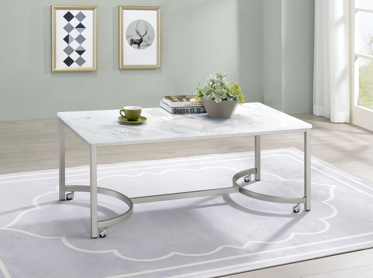 Coffee Table - Leona Coffee Table with Casters White and Satin Nickel