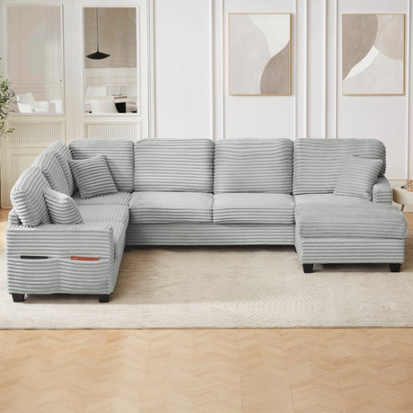 Modern U-shaped Sectional Sofa with Movable Ottoman and Side Storage Pockets, Grey Corduroy, 125.2' - sold by Home Elegance USA
