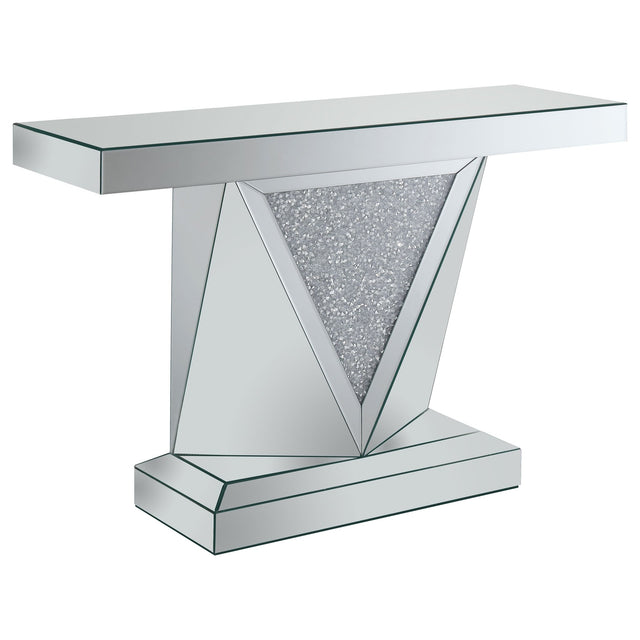 Amore Rectangular Sofa Table with Triangle Detailing Silver and Clear Mirror | Coaster | Home Elegance USA