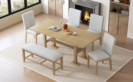 TOPMAX Farmhouse 76inch 6-Piece Extendable Dining Table Set with Trestle Base, Upholstered Chairs & Bench, Natural Wood and Light Gray Fabric - sold by Home Elegance USA