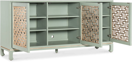 Hooker Furniture Commerce & Market Trellis Entertainment Credenza – Light Green Painted Finish, Champagne Silver Leaf Fretwork, Max 70" TV Size - sold by Home Elegance USA