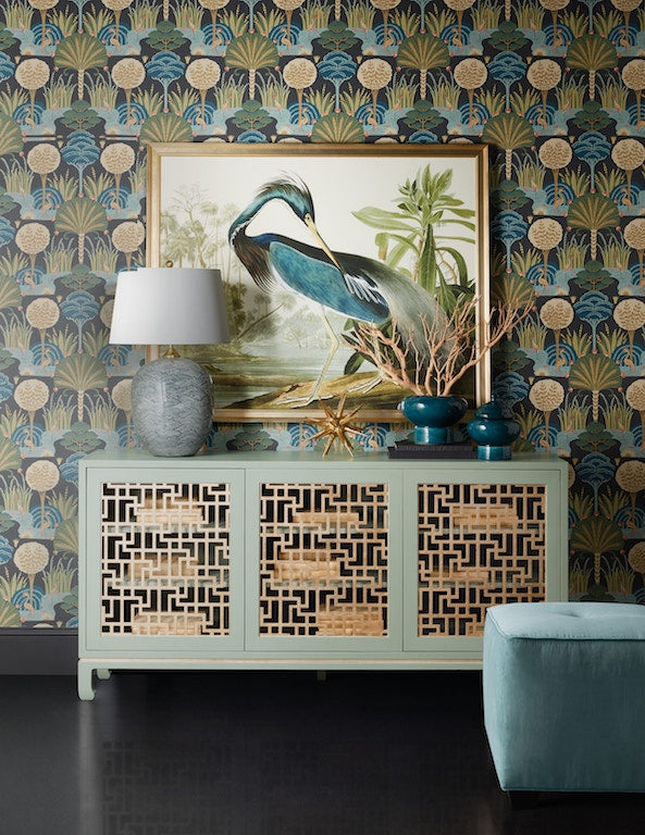 Hooker Furniture Commerce & Market Trellis Entertainment Credenza – Light Green Painted Finish, Champagne Silver Leaf Fretwork, Max 70" TV Size - Home Elegance USA