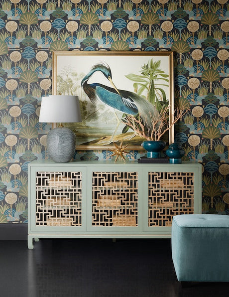 Hooker Furniture Commerce & Market Trellis Entertainment Credenza – Light Green Painted Finish, Champagne Silver Leaf Fretwork, Max 70" TV Size - sold by Home Elegance USA