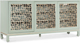 Hooker Furniture Commerce & Market Trellis Entertainment Credenza – Light Green Painted Finish, Champagne Silver Leaf Fretwork, Max 70" TV Size - Home Elegance USA