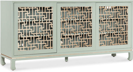 Hooker Furniture Commerce & Market Trellis Entertainment Credenza – Light Green Painted Finish, Champagne Silver Leaf Fretwork, Max 70" TV Size - sold by Home Elegance USA