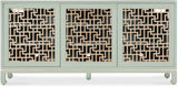 Hooker Furniture Commerce & Market Trellis Entertainment Credenza – Light Green Painted Finish, Champagne Silver Leaf Fretwork, Max 70" TV Size - Home Elegance USA