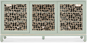 Hooker Furniture Commerce & Market Trellis Entertainment Credenza – Light Green Painted Finish, Champagne Silver Leaf Fretwork, Max 70" TV Size - sold by Home Elegance USA