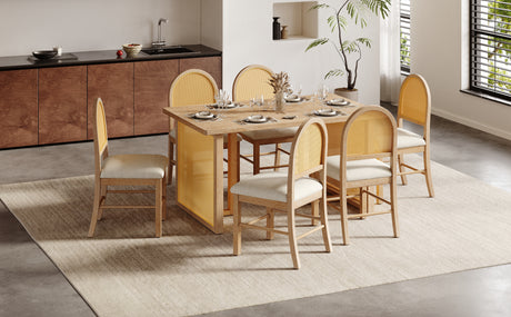 TREXM 7-Piece Farmhouse Dining Table Set for 6 - 59.8' Rectangular Dining Table with Distressed Oak Veneer and 6 Rattan Chairs, Rustic Kitchen Furniture for Dining Room(Natural) - sold by Home Elegance USA