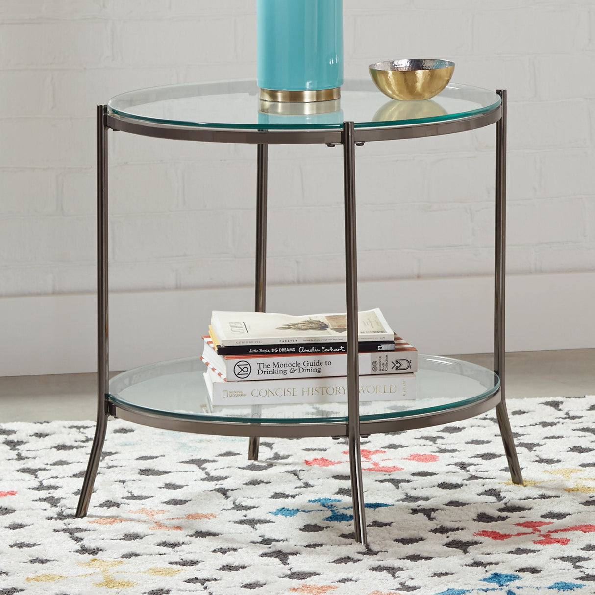 End Table - Laurie Round Glass Top End Table Black Nickel and Clear