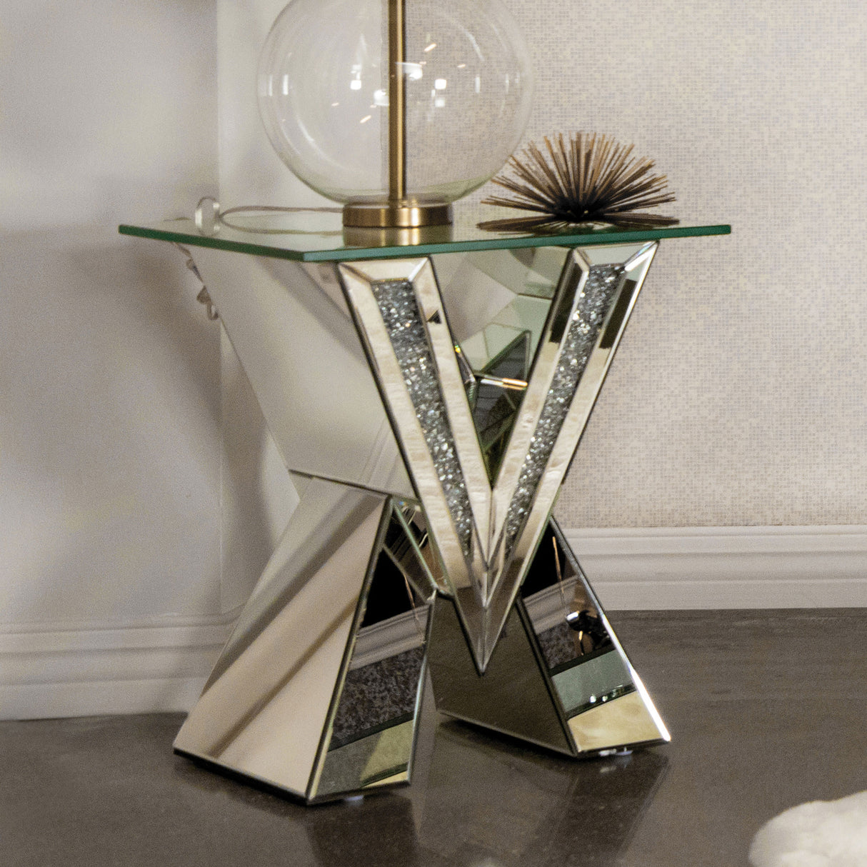 End Table - Taffeta V-shaped End Table with Glass Top Silver