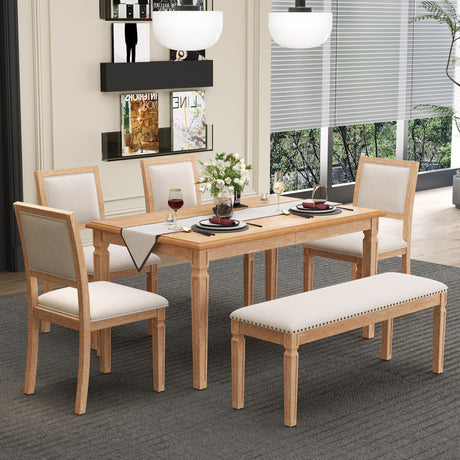 TREXM Vintage Extendable Dining Table Set for 6 with 4 Chairs & Bench, 59 to 72-Inch Rustic Farmhouse Kitchen Table Set with Distressed Finish and Retro Carved Legs (Natural Wood Wash) - sold by Home Elegance USA