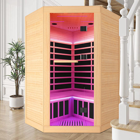 Canadian Hemlock Pentagonal Double Infrared Sauna – Two-Person Corner Design - sold by Home Elegance USA