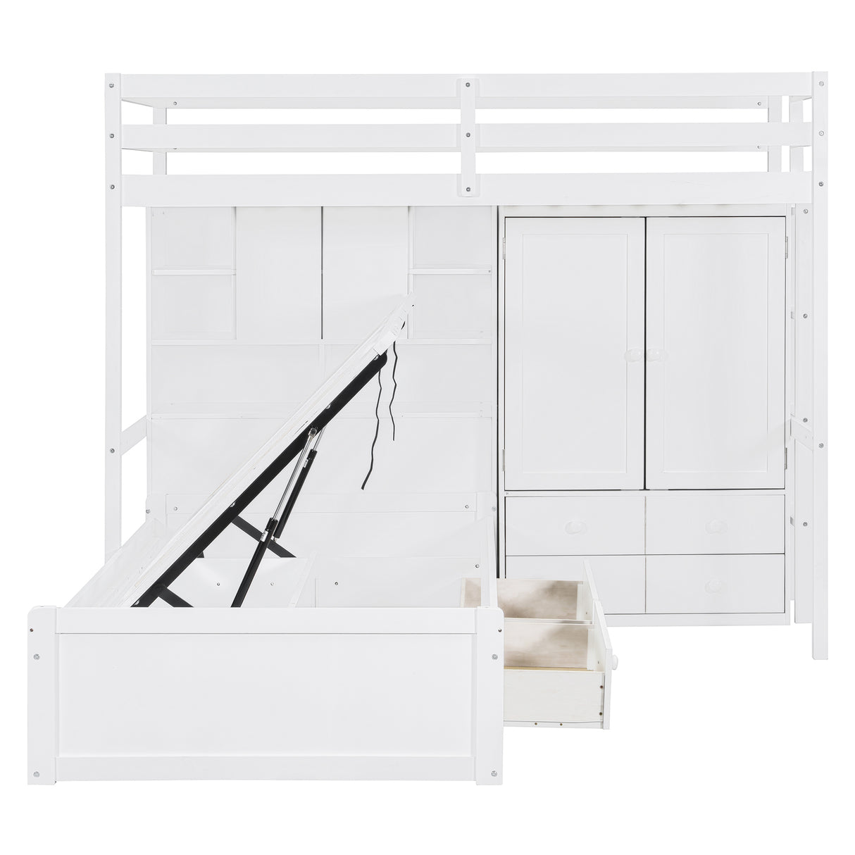 Twin Bunk Bed with Drawers, Wardrobe, Storage Shelves and Hydraulic Bed,White - sold by Home Elegance USA