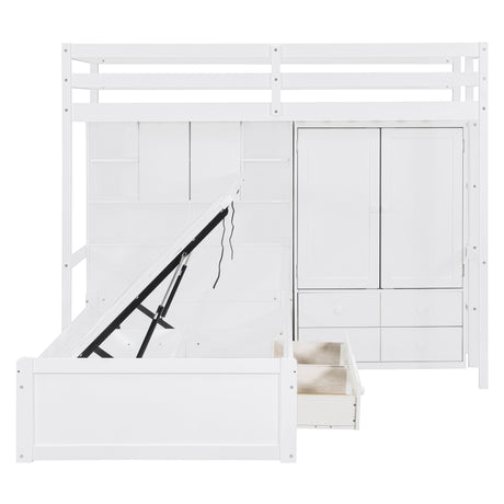 Twin Bunk Bed with Drawers, Wardrobe, Storage Shelves and Hydraulic Bed,White - sold by Home Elegance USA