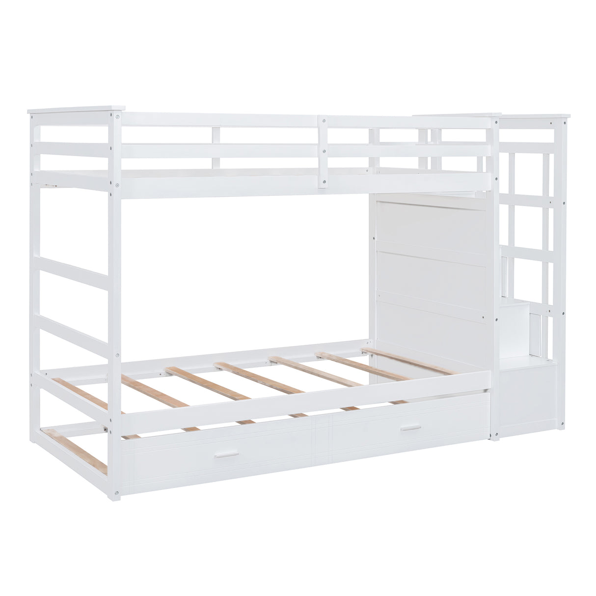 Twin Over Twin Bunk Bed with Trundle and Staircase,White(OLD SKU:LT000068AAK) - Home Elegance USA