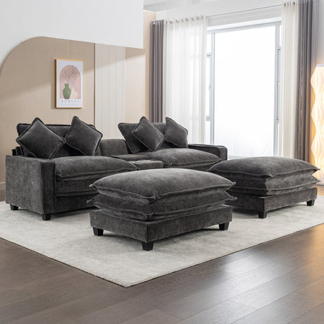Modern Chenille Upholstered Sectional Sofa with Ottomans, USB Ports, Cup Holders, and Storage in Grey - sold by Home Elegance USA