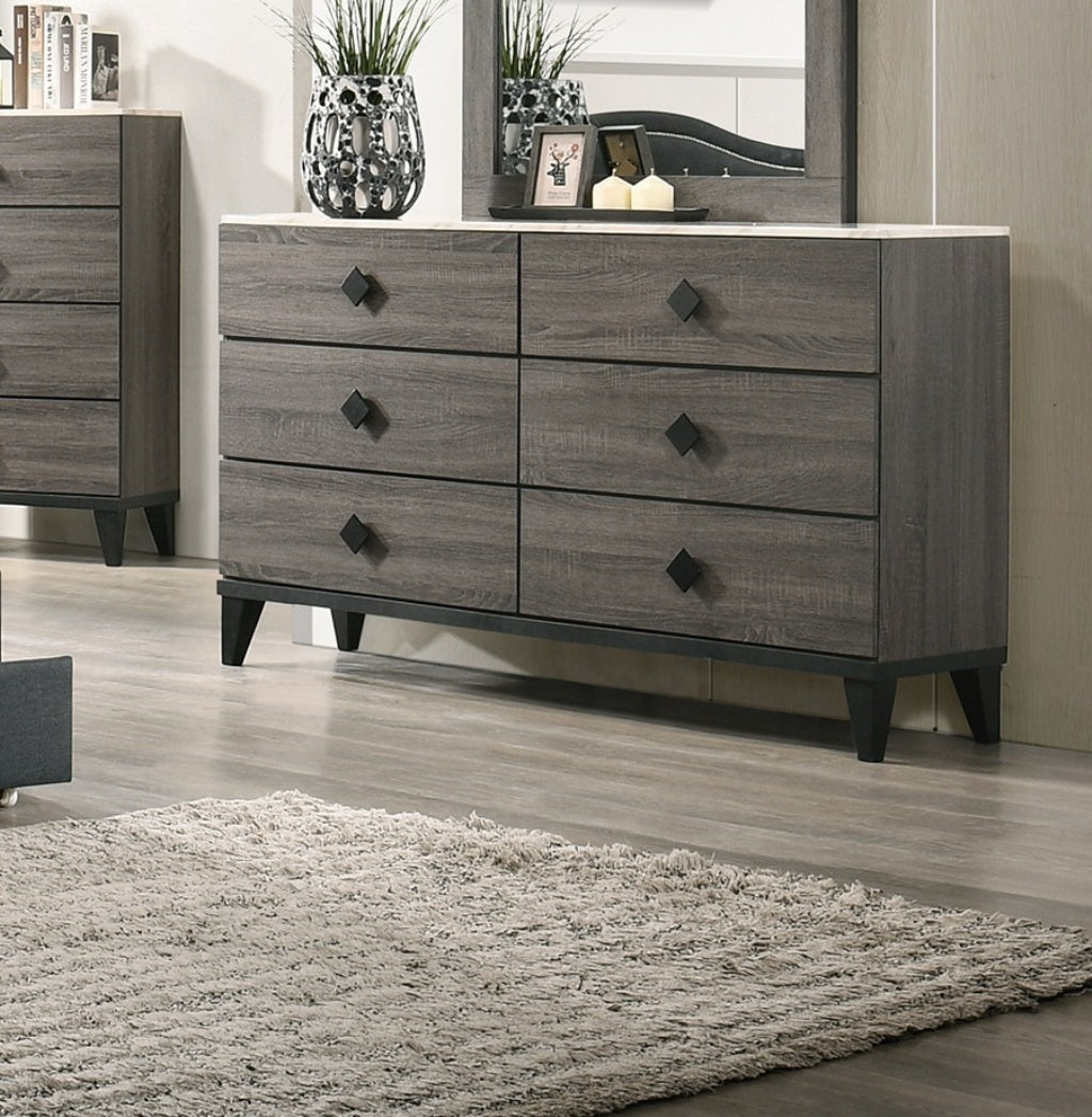 Modern Design Bedroom Furniture 1pc Dresser Only Beautiful Knob Pulls 6x Drawers Storage Faux Marble Top Grey Color Dresser