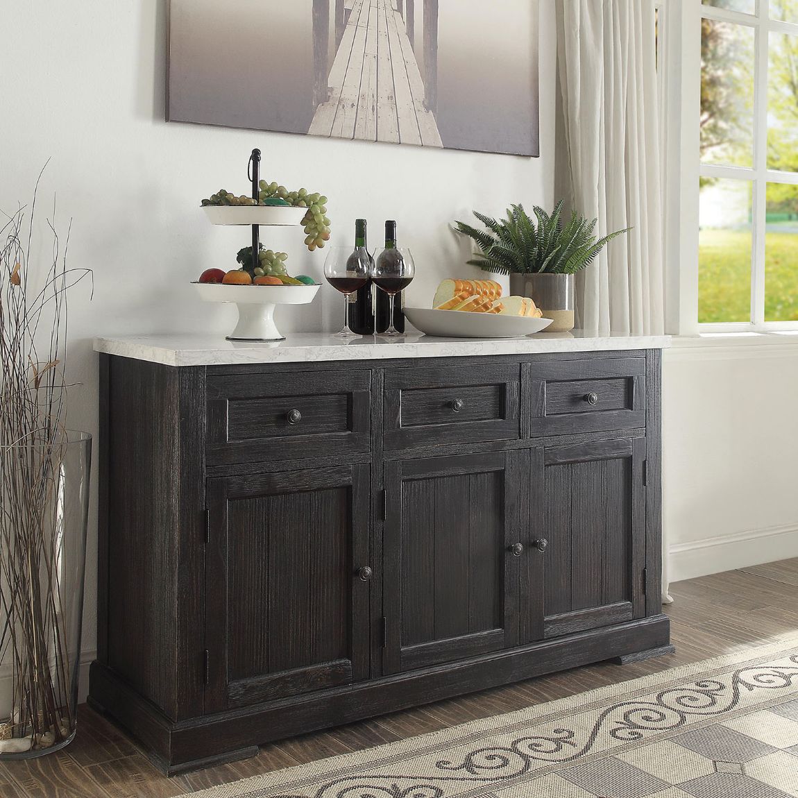 Acme - Nolan Server 72847 White Marble Top & Salvage Dark Oak Finish