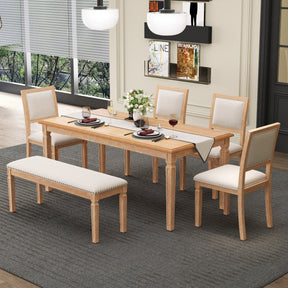 TREXM Vintage Extendable Dining Table Set for 6 with 4 Chairs & Bench, 59 to 72-Inch Rustic Farmhouse Kitchen Table Set with Distressed Finish and Retro Carved Legs (Natural Wood Wash) - sold by Home Elegance USA
