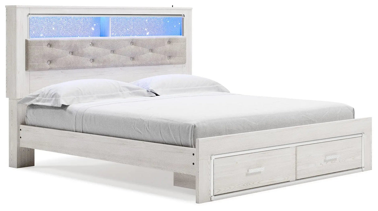 Altyra - White - King Upholstered Bookcase Bed With Storage - 9 Pc - Dresser, Mirror, Chest, King Bed, 2 Nightstands | Ashley