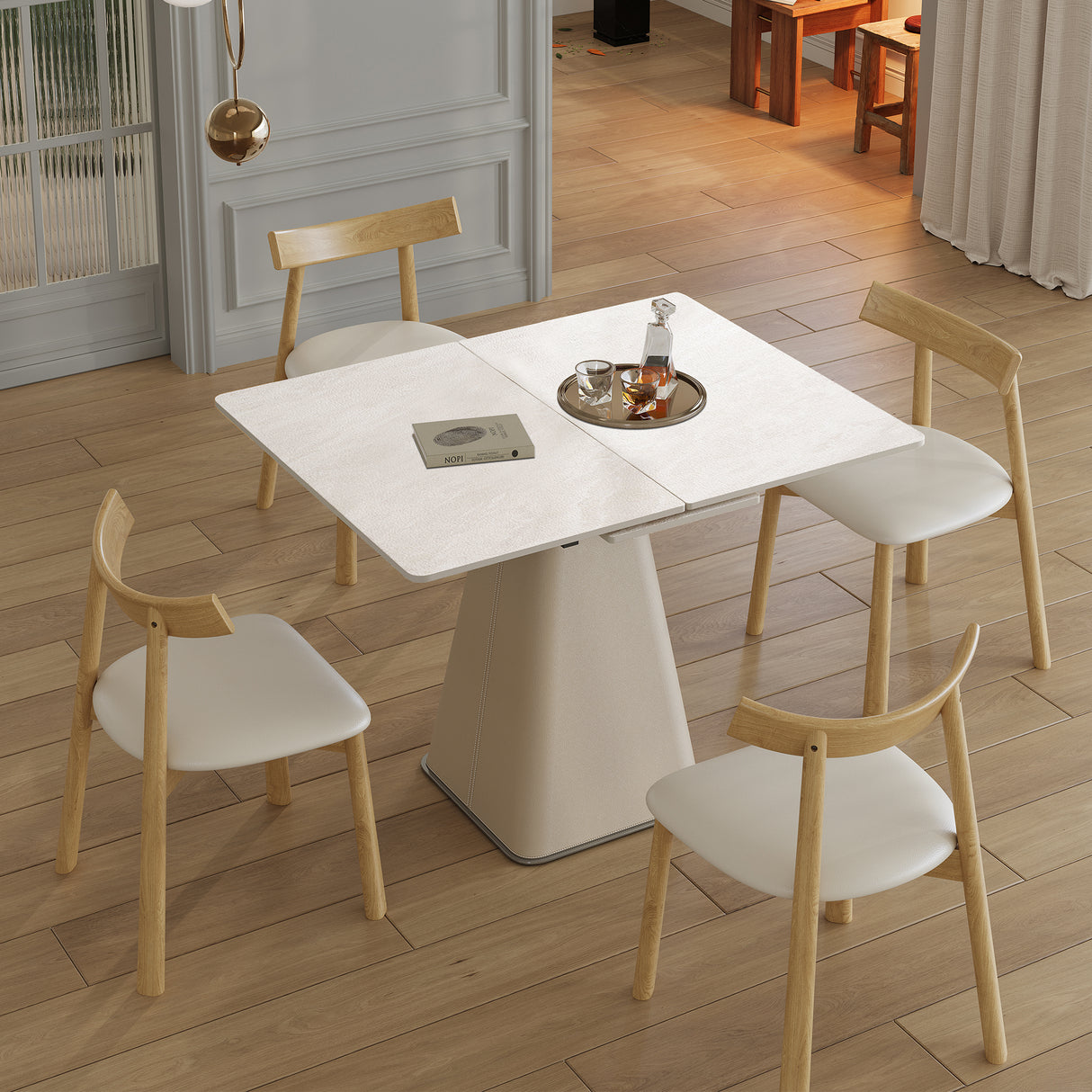 Retractable Rock Slab Dining Table Set, Modern 5-Piece Expandable Table with 4 Wooden Leg Chairs & Leather-Wrapped Base, Space Saving Kitchen Set for Small Apartments