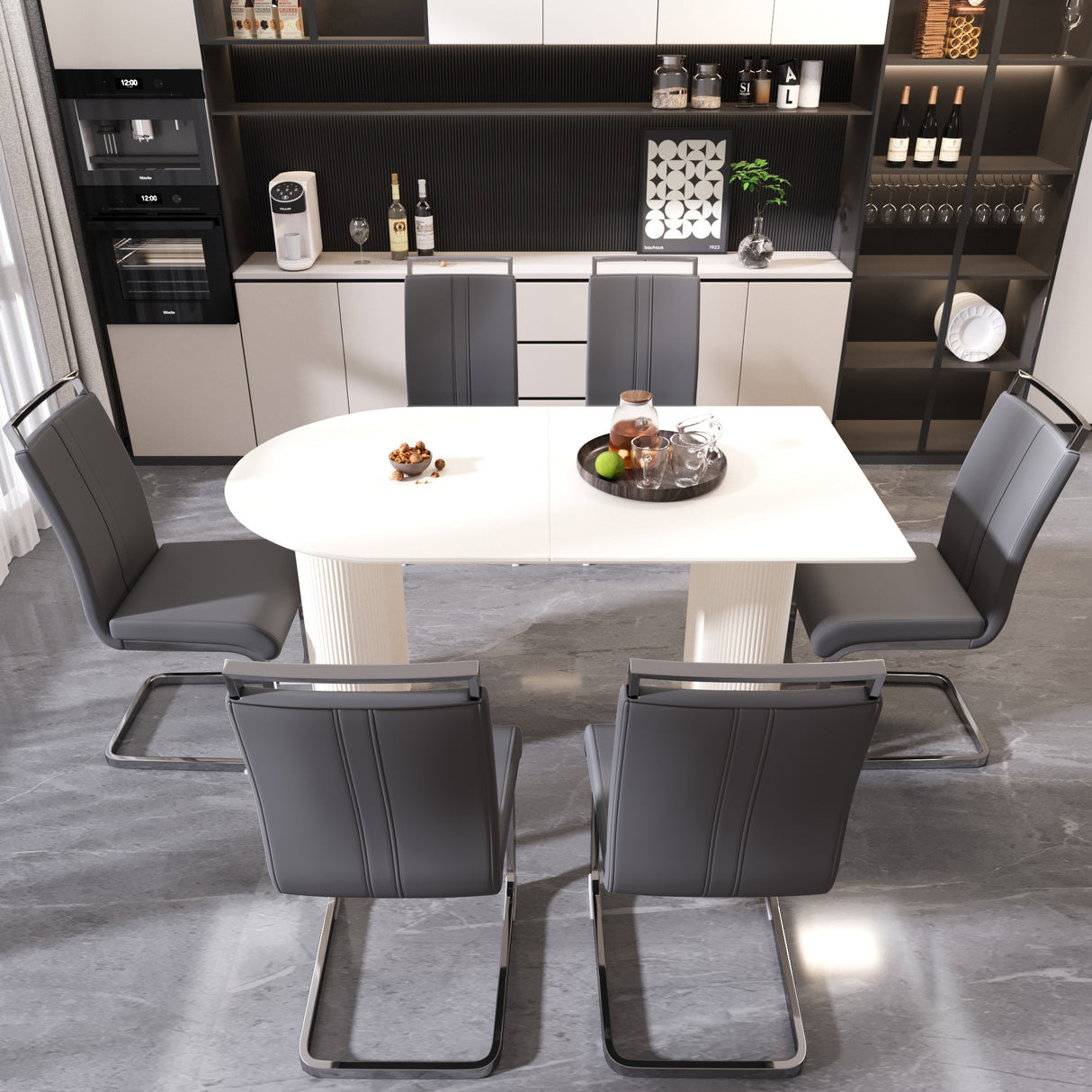 63 'medieval modern cream style MDF dining table and PU armless dining chair set 6. Assemble Desktop and Silver plated metal leg dining chair set, suitable for home&kitchen