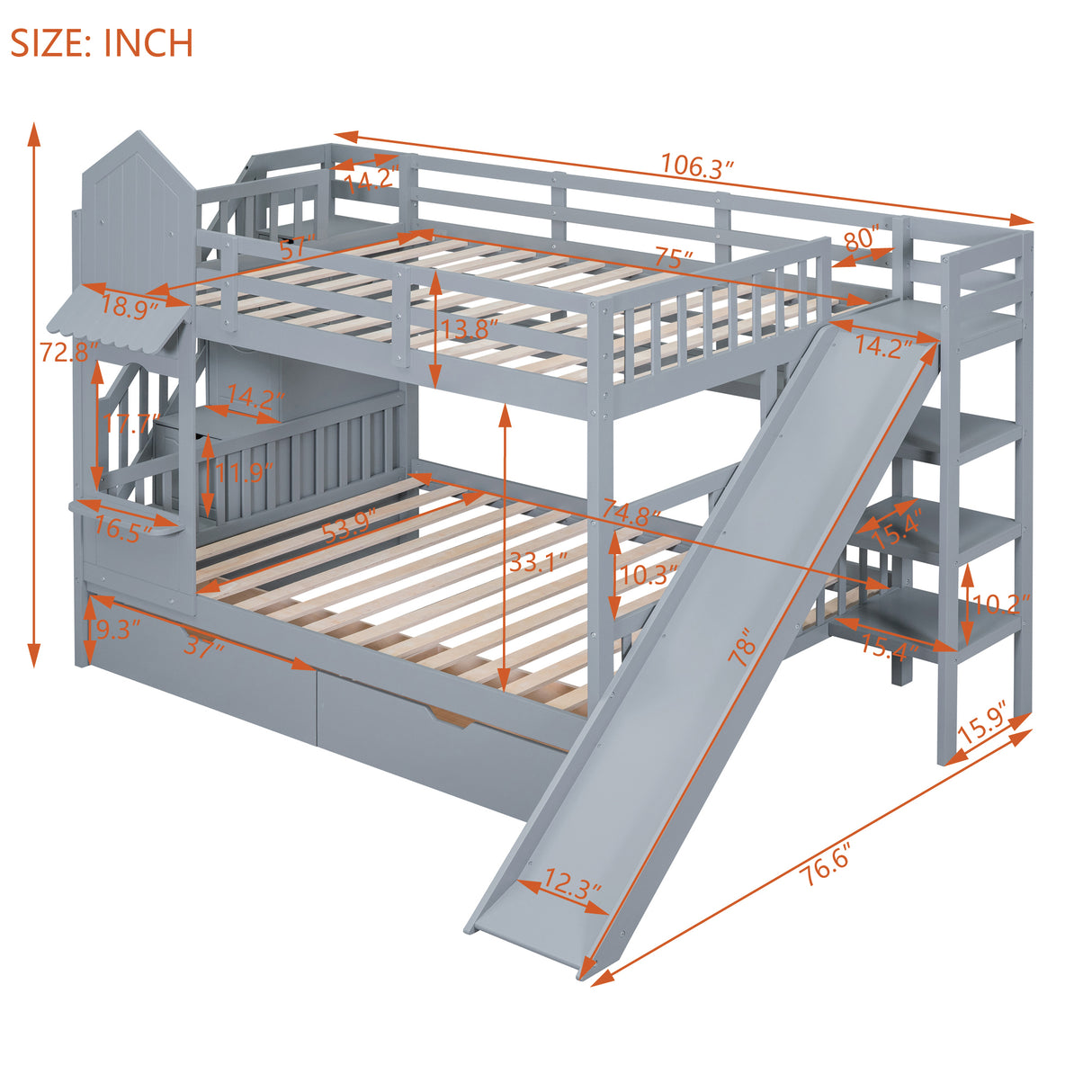 Full-Over-Full Castle Style Bunk Bed with 2 Drawers 3 Shelves and Slide - Gray(OLD SKU:LT000558AAE-2) - sold by Home Elegance USA