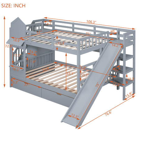 Full-Over-Full Castle Style Bunk Bed with 2 Drawers 3 Shelves and Slide - Gray(OLD SKU:LT000558AAE-2) - sold by Home Elegance USA