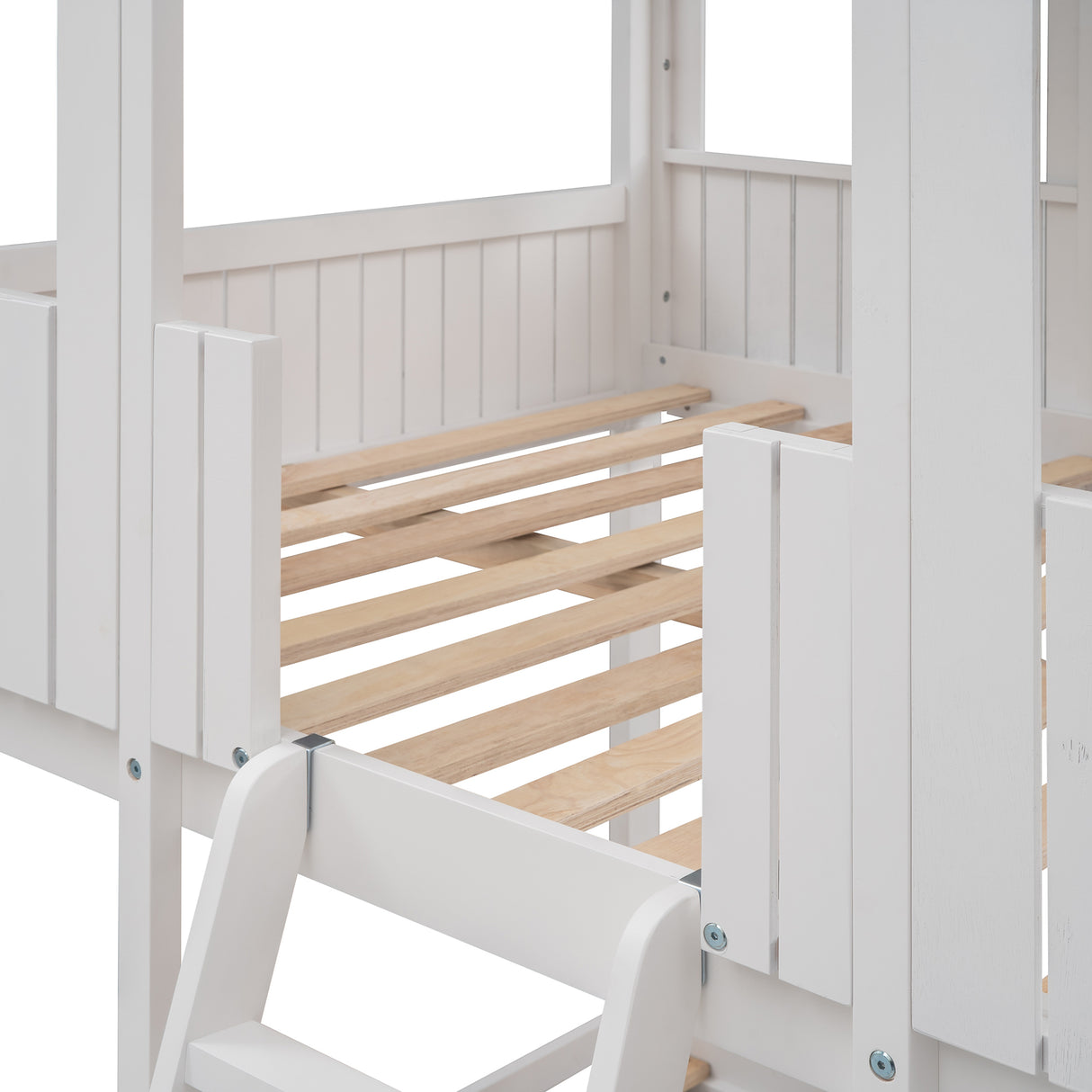 Full Over Full WoodBunk Bed with Roof, Window, Guardrail, Ladder(White)( old sku: LT000031AAK ) - Home Elegance USA