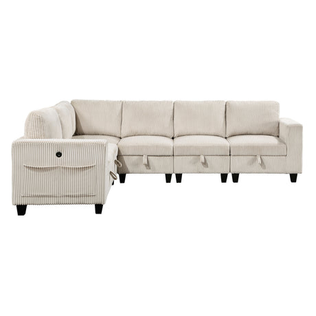 6-Piece Modular Sectional with Storage Seats, Side Pockets, Charging Ports Beige Corduroy Fabric Modern Living Room Sectional Couch Solid Wood Furniture - sold by Home Elegance USA