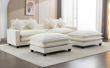 Chenille Upholstered Sectional Sofa with Removable Ottoman, USB Ports, Cup Holders, and Storage, Beige, 111' - sold by Home Elegance USA