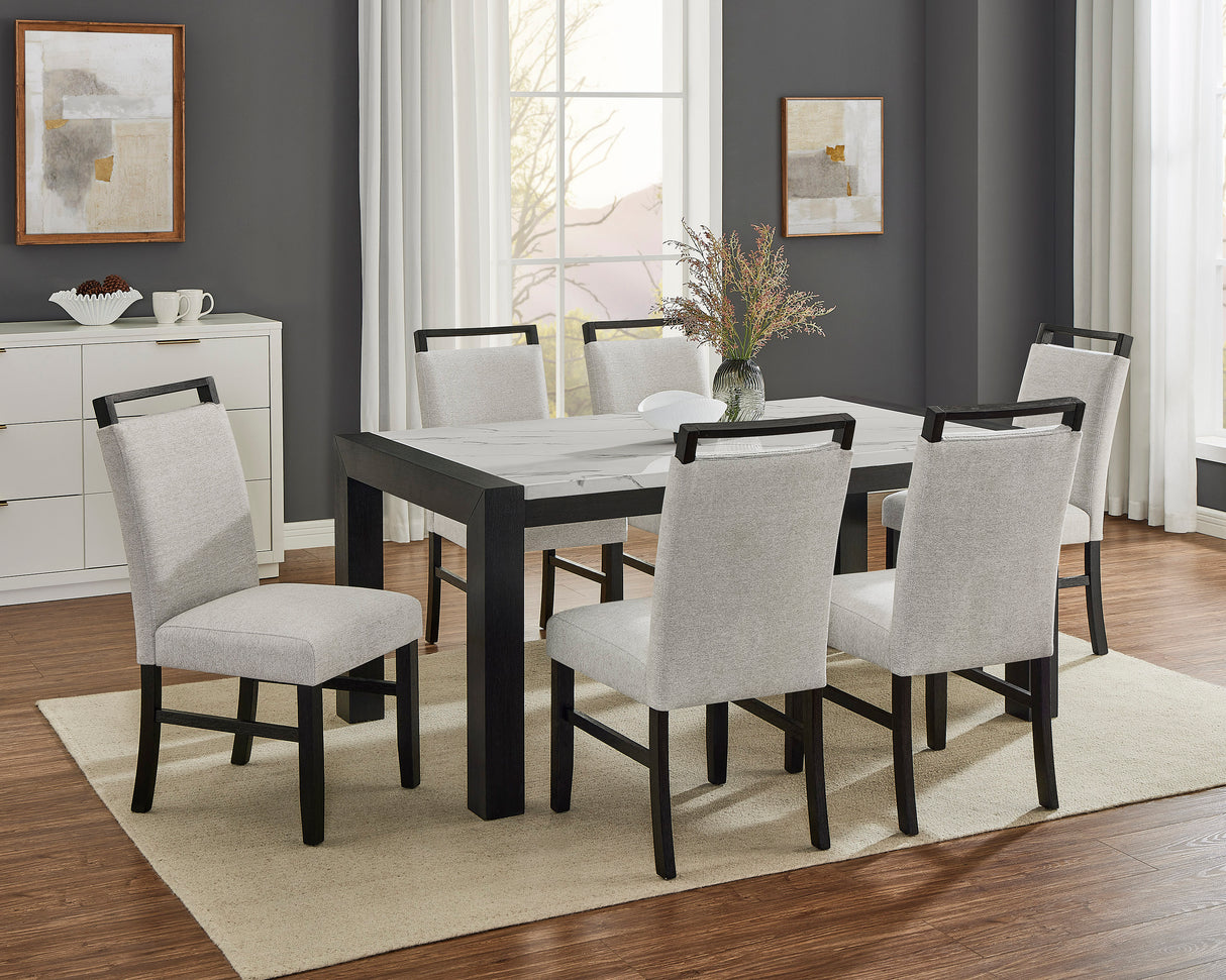 Juego de comedor de 7 piezas, estilo contemporáneo, mesa rectangular de imitación de mármol blanco, respaldo completo, sillas tapizadas, acabado gris claro y negro, muebles de madera para comedor.