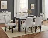 Juego de comedor de 7 piezas, estilo contemporáneo, mesa rectangular de imitación de mármol blanco, respaldo completo, sillas tapizadas, acabado gris claro y negro, muebles de madera para comedor.