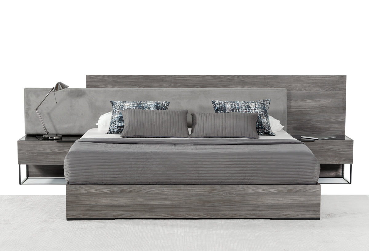 Eastern King Enzo Italian Modern Grey Oak & Fabric Bed w/ Nightstands - View Image 1