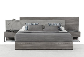 Eastern King Enzo Italian Modern Grey Oak & Fabric Bed w/ Nightstands - View Image 1