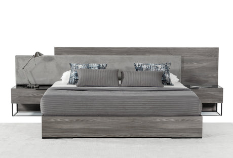 Eastern King Enzo Italian Modern Grey Oak & Fabric Bed w/ Nightstands - View Image 1
