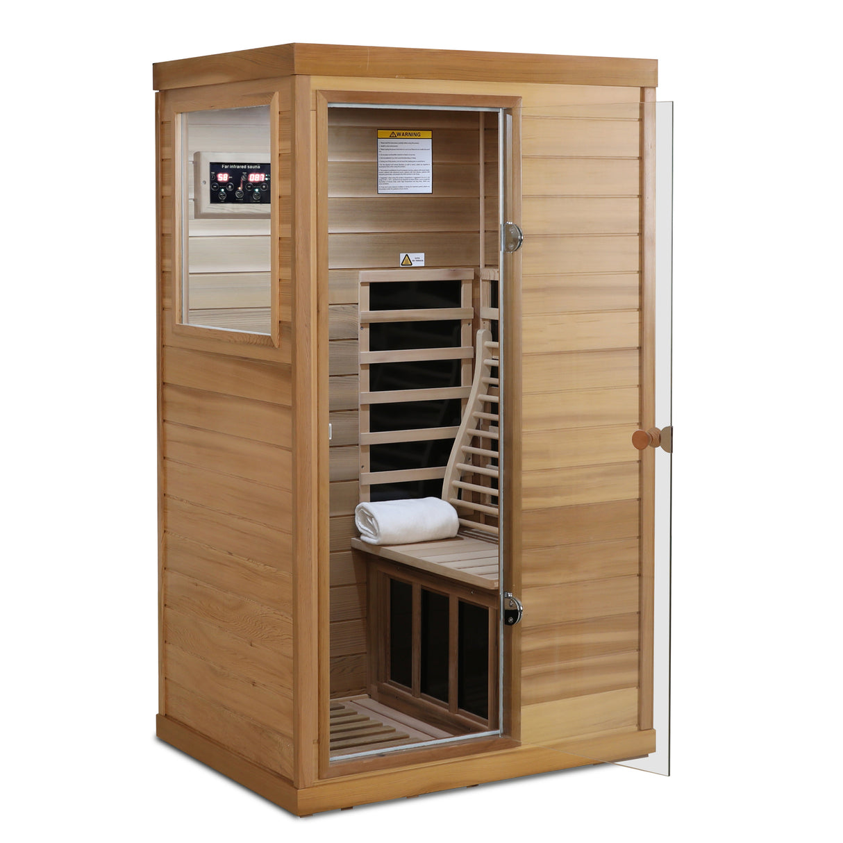 Sauna interior de infrarrojos lejanos para una persona en minicedro rojo con puerta de cristal a la izquierda, madera natural y caramelo