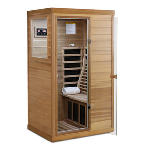 Red Cedar Mini One Person Far Infrared Indoor Sauna Room with Left Glass Door, Natural Wood & Caramel - sold by Home Elegance USA