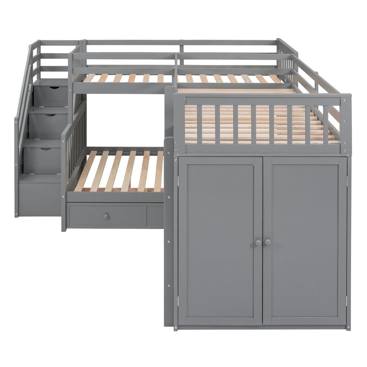 Twin-Twin over Full L-Shaped Bunk Bed With 3 Drawers, Portable Desk and Wardrobe, Gray(OLD SKU:LT100542AAE) - sold by Home Elegance USA