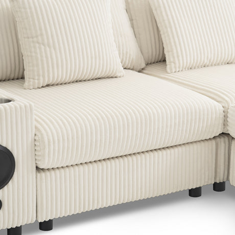 141.5*64'' Corduroy Sectional Sofa with Bluetooth Speakers, U-Shaped Couch with Console, USB Charger, Cup Holders, Storage, Ottoman, Deep and Wide Seat Cloud Sofa for Living Room&Apartment - sold by Home Elegance USA