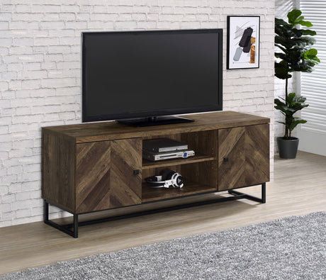 60" Tv Stand - Myles 2 - door TV Console with Adjustable Shelves Rustic Oak Herringbone - 736052 - image - 2