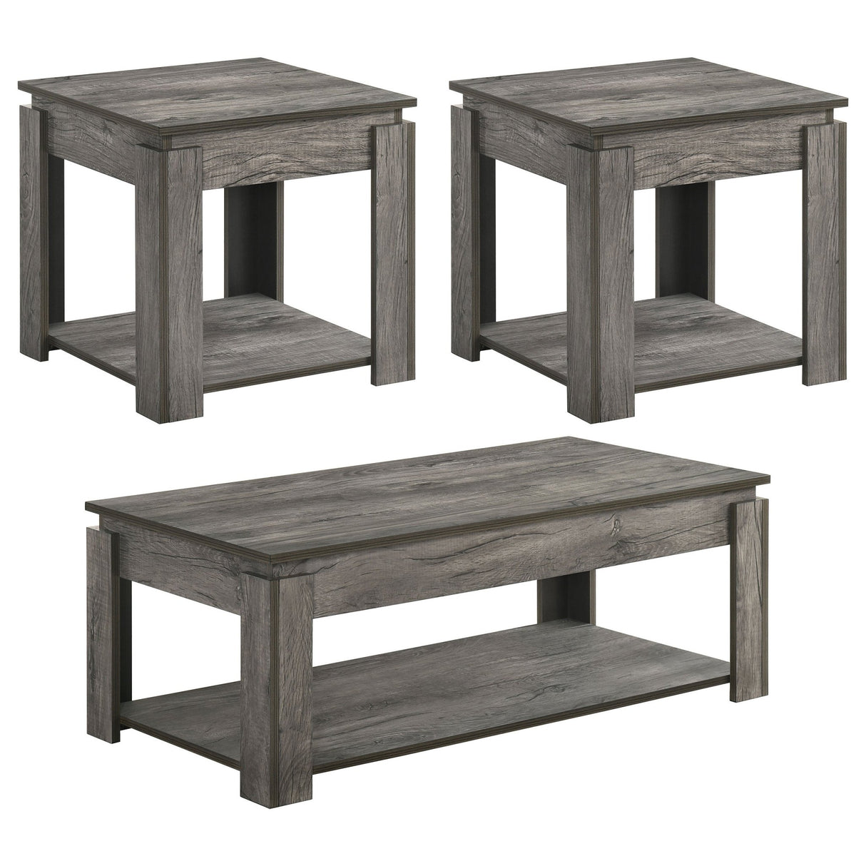 3 Pc Coffee Table Set - Donal 3 - piece Occasional Set with Open Shelves Weathered Grey | Coaster | Home Elegance USA