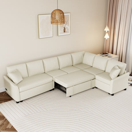 L-shaped Convertible Sofa Bed with USB Ports and Power Sockets, Beige Chenille Fabric, 124.8' Length - sold by Home Elegance USA