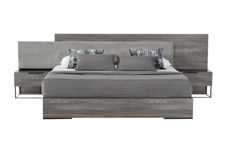 California King Enzo Italian Modern Grey Oak & Fabric Bed w/ Nightstands