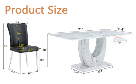 Table and chair set.Modern Simple Marble Pattern Dining Set - 71'x35.4' Table with 8 Black PU Chairs with a vertical stripe design on the backrest. Tempered glass tabletop,White Marble Pattern. - sold by Home Elegance USA