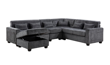 Trey 115'W Gray Chenille Sectional Sofa with Adjustable Backrest, Charging Ports, Pockets, Tufting, Storage Ottoman, Throw Pillows - sold by Home Elegance USA