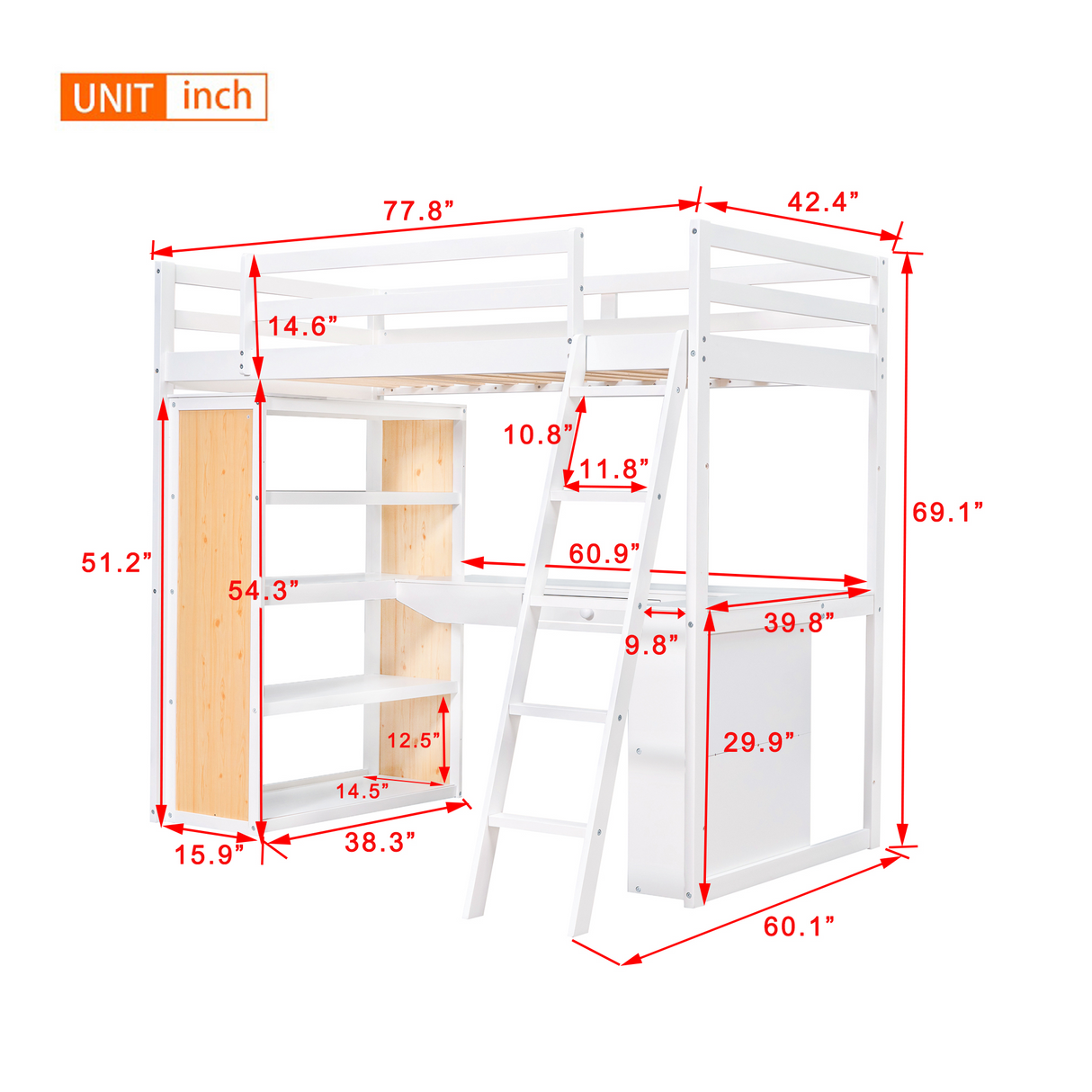 Twin Size Loft Bed with Ladder, Shelves, and Desk, White(OLD SKU:LT000225AAK) - Home Elegance USA