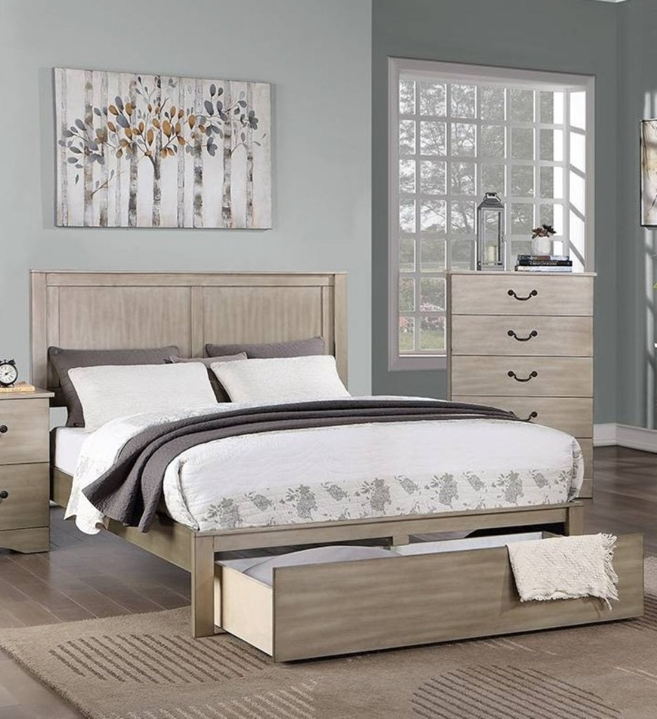 Rustic Style 1pc California King Size Two Panel Bed Rectangular Shaped Footboard Drawer Antique Silver Finish Bedroom Furniture